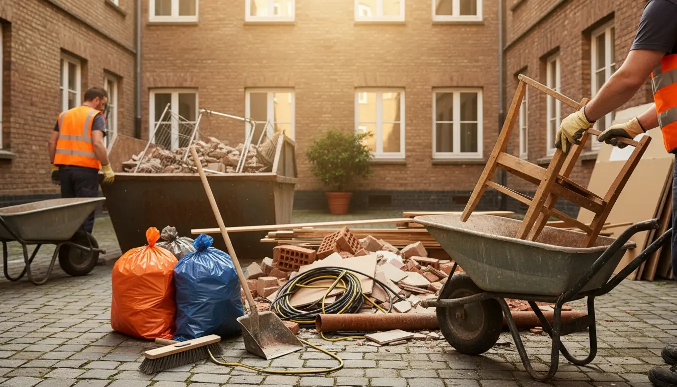 Solfyldt gård under oprydning med arbejdere, trillebør, container og byggeaffald.