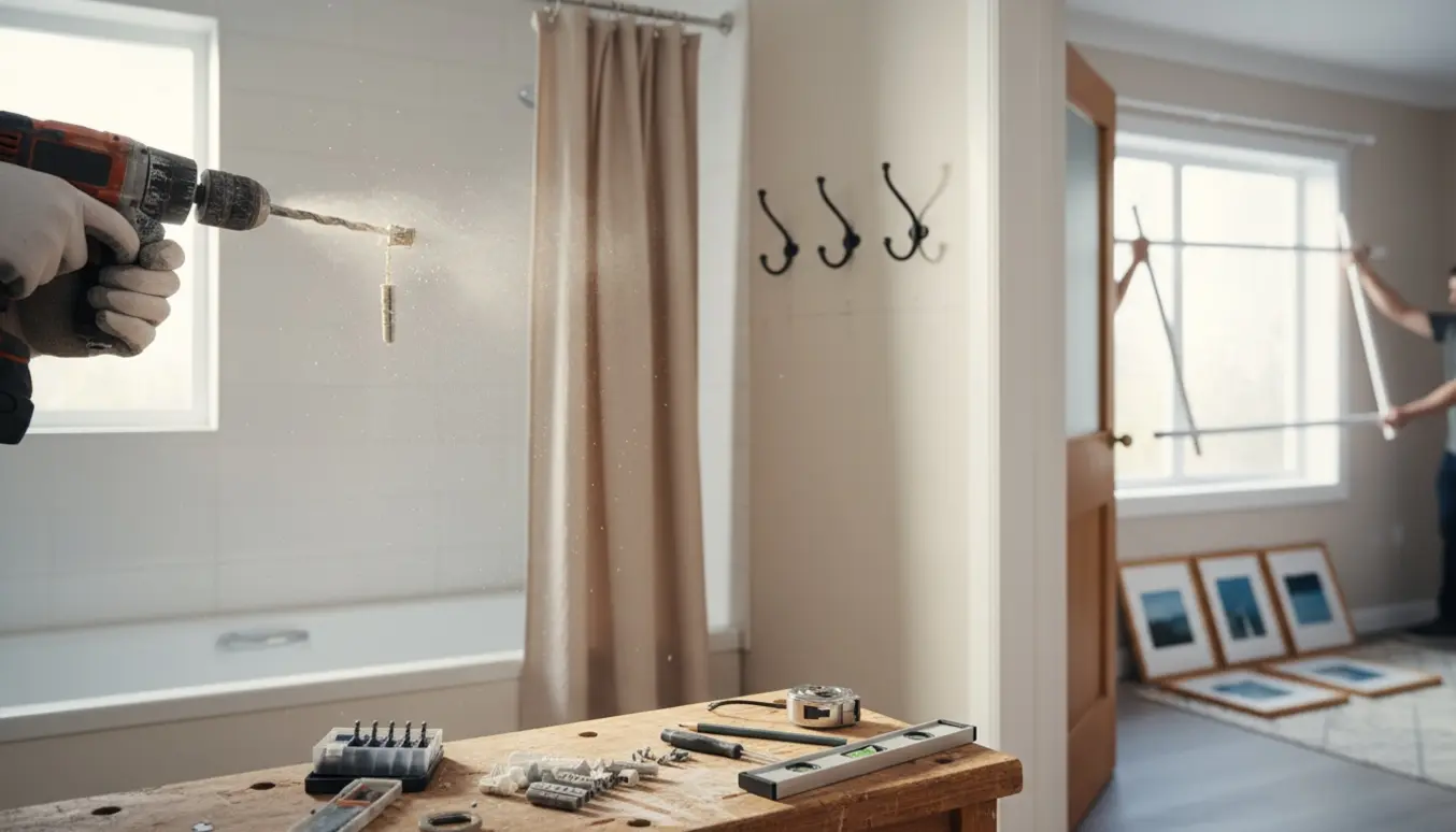 Hænder med boremaskine monterer bruse- og ophængsbeslag i et hjem, omgivet af værktøj og rammer.