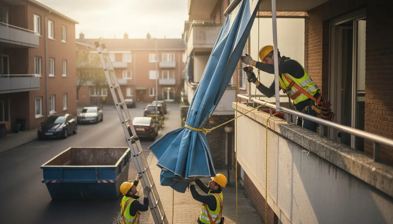 Arbejdere fjerner en markise fra 3. sal og sænker den bundtet ned i en container.