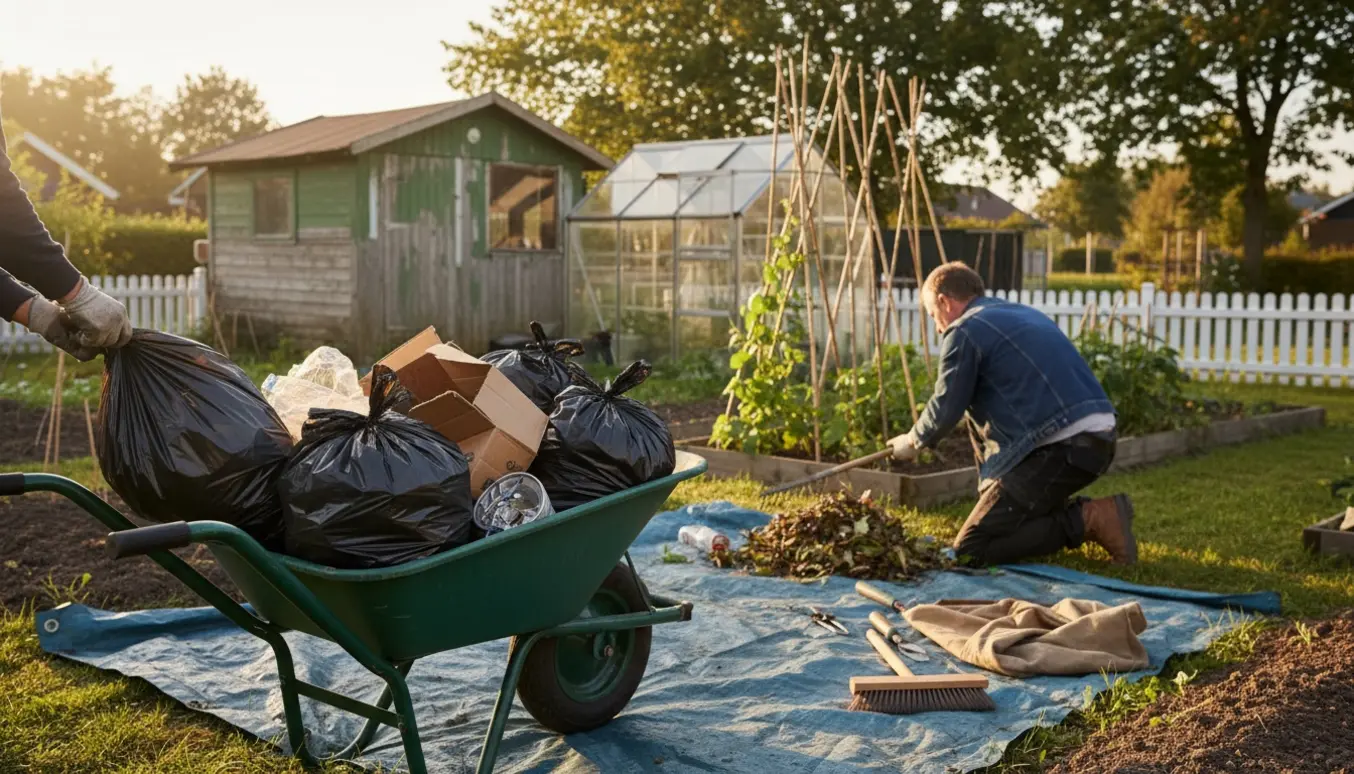 Affald bliver samlet og læsset i en trillebør i en kolonihave med værktøj og et lille skur i baggrunden.