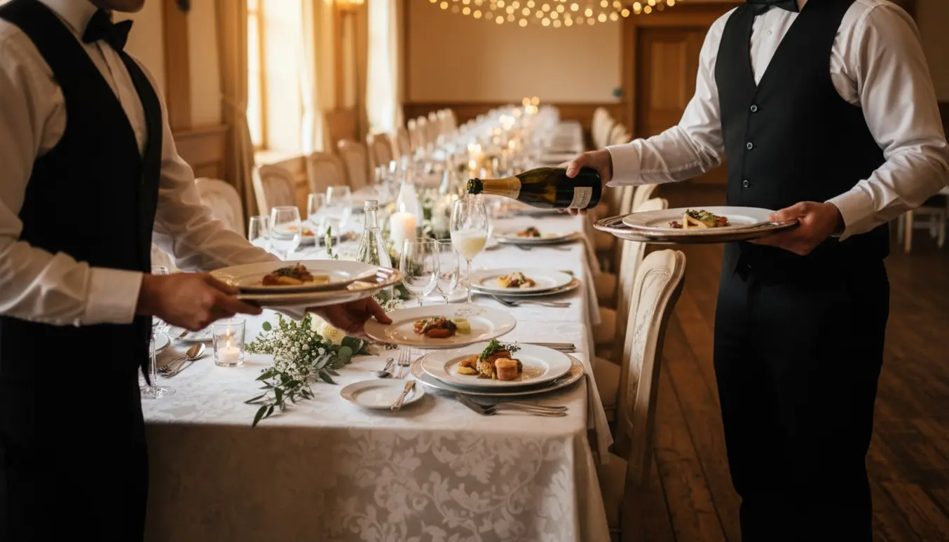 Serveringspersonale serverer og afrydder ved et elegant langbord til bryllup.