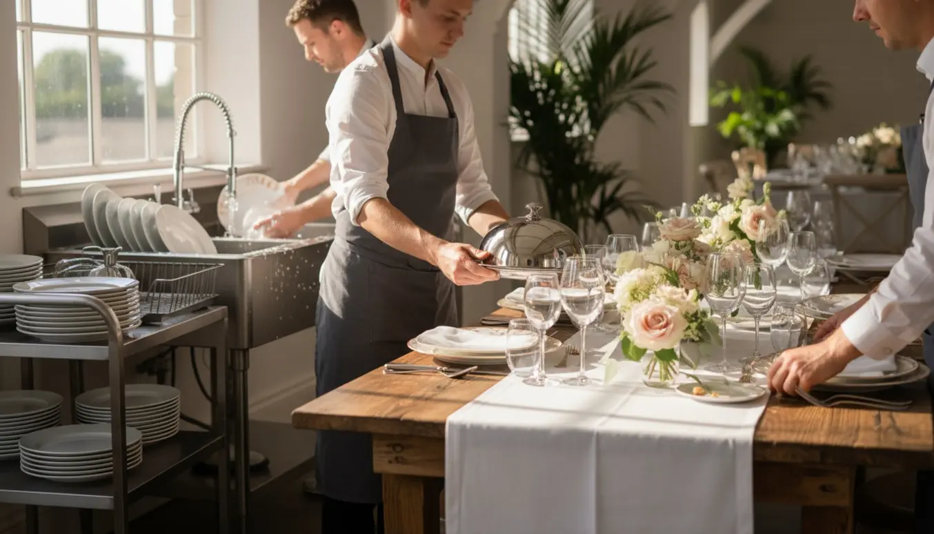 Nærbillede af servere, der dækker og rydder et elegant bryllupsbord med fade, tallerkener og blomster.