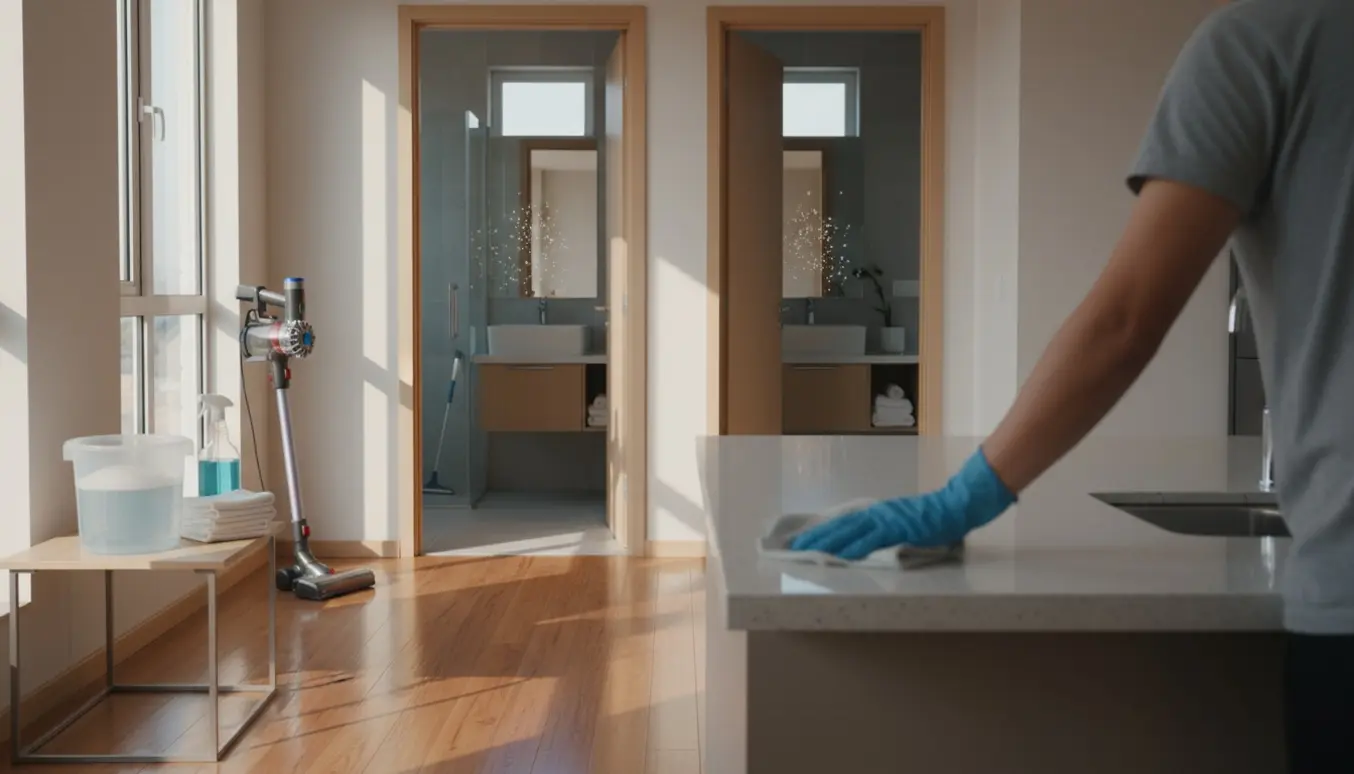 Lyssfyldt hjem med nypudset gulv, rengøringsudstyr og et par små badeværelser synlige.