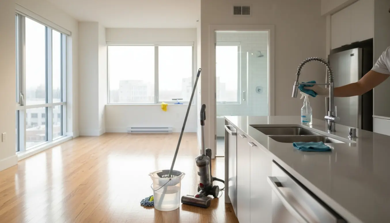 Nyvaskede gulve i en lys, rummelig lejlighed med moppe, støvsuger og rengjorte køkken- og badeværelsesoverflader.
