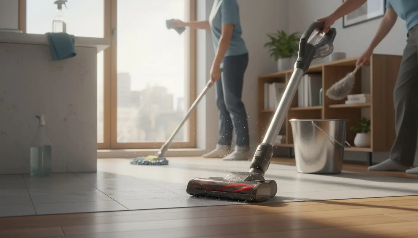 Soloplyst lejlighed under rengøring med støvsugning, gulvvask i køkkenet og pudsning af vinduer.