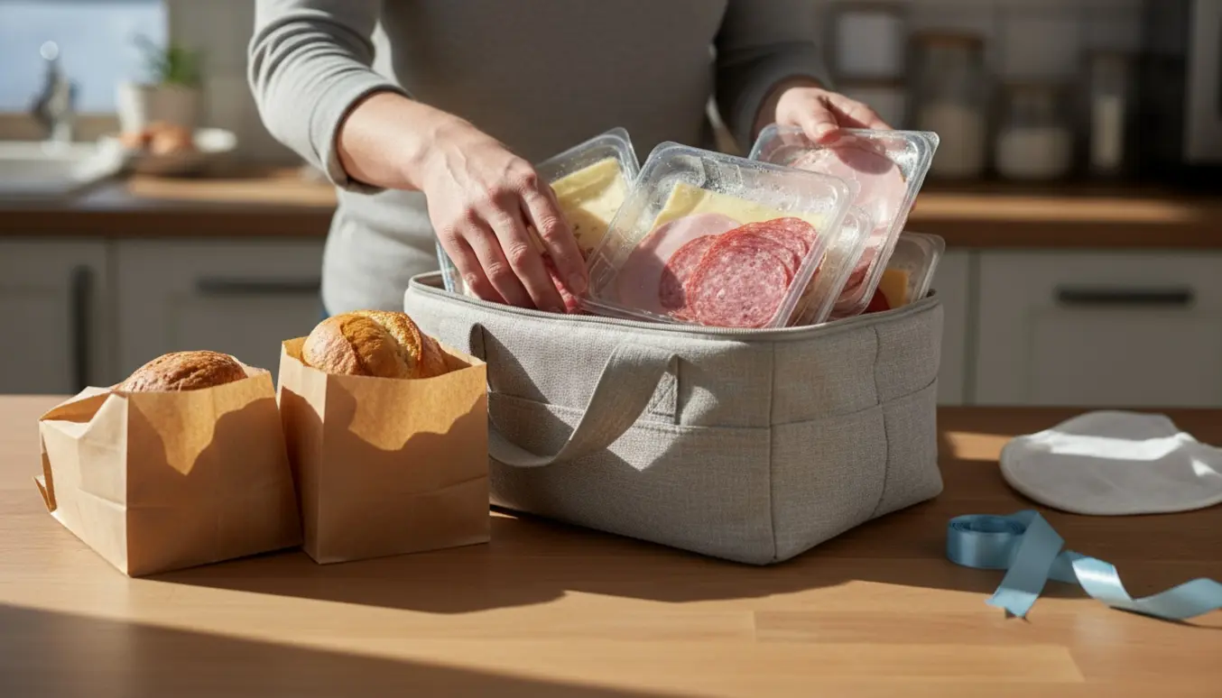 Nærbillede af fem firkantede pålægspakker og to papirposer med boller lagt i en taske, med blødt morgenlys.