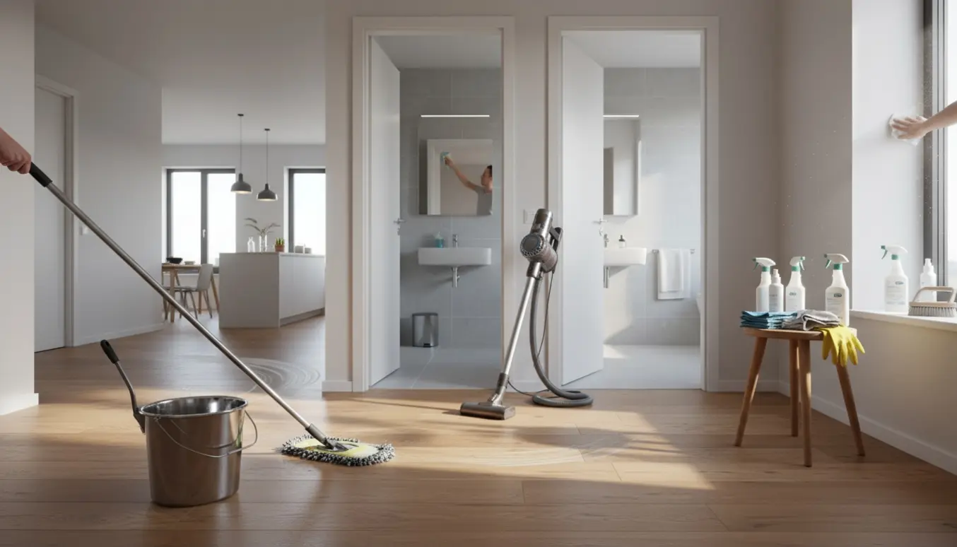 Moderne lejlighed i dagslys med støvsuger, moppe og rengøringsudstyr foran et nypudset badeværelse.