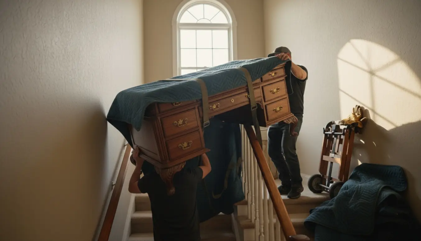 To personer bærer et antikt træskrivebord op ad en boligtrappe, delvist pakket ind i beskyttende tæpper.