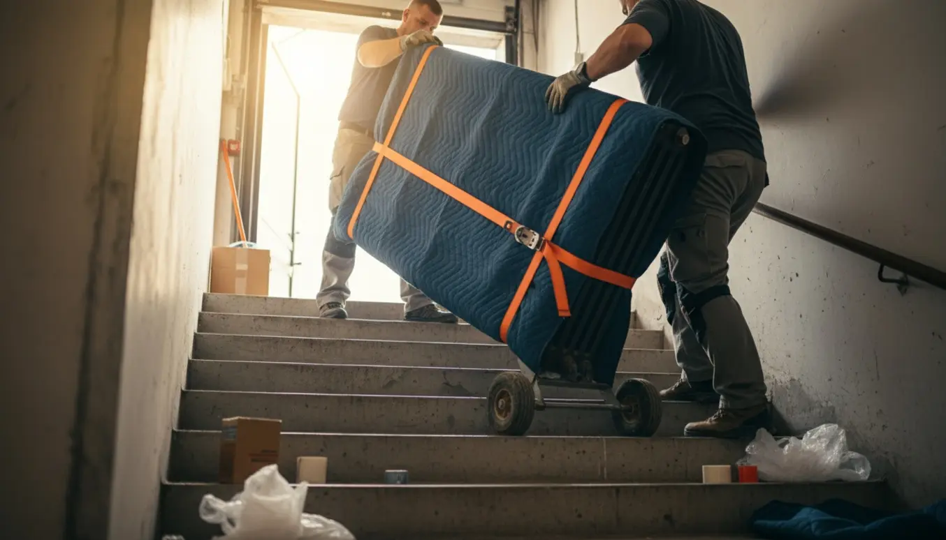 To personer løfter en stor radiator op ad en kældertrappe med flyttevogn, stropper og arbejdshandsker.
