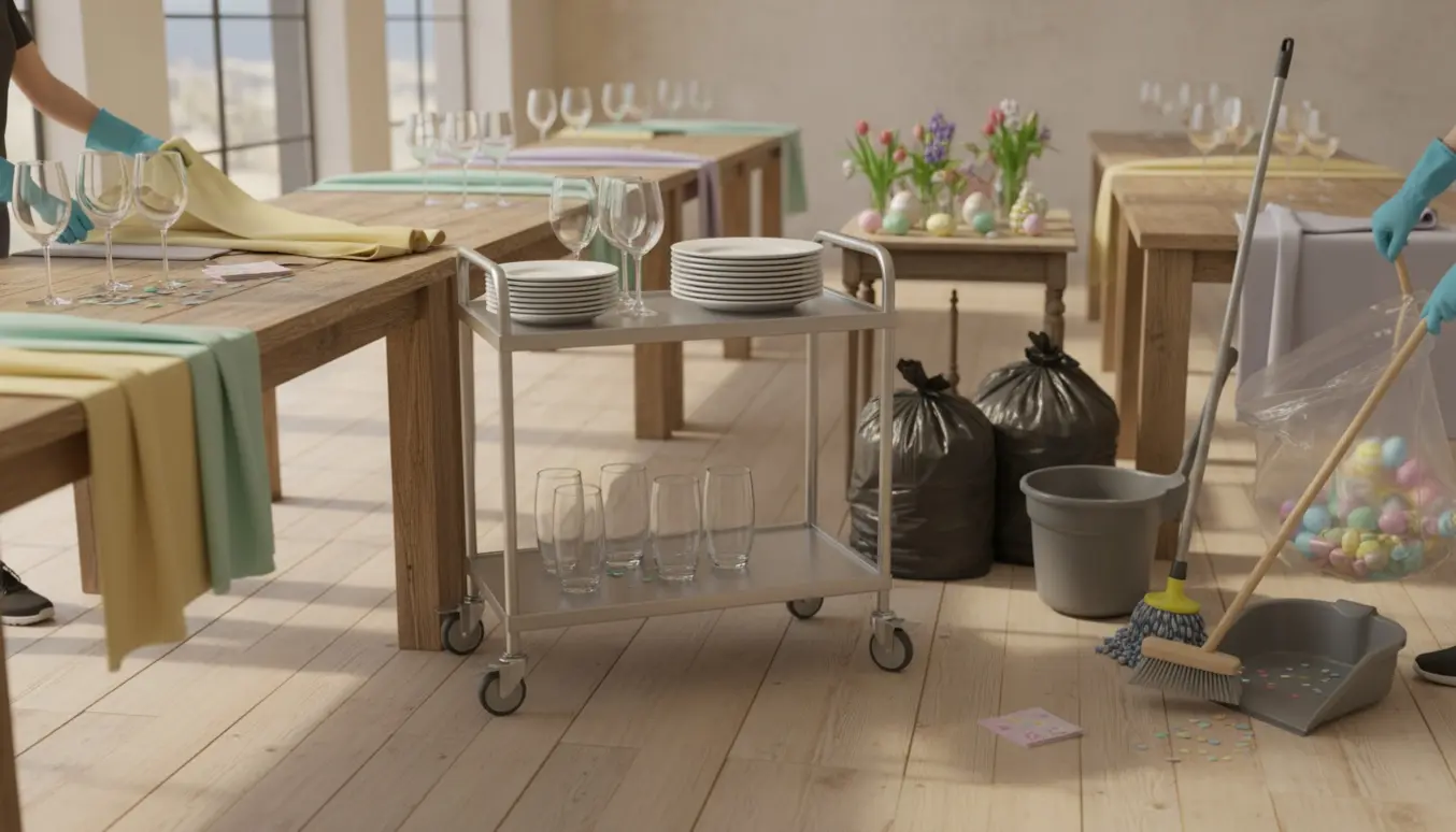 Oprydning i et festlokale efter påskefrokost med dækkede borde, affaldssække og handsker på hænderne.