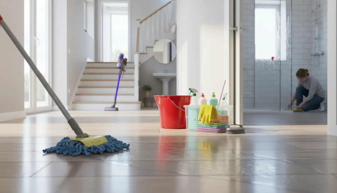 Lys, moderne fleretagers bolig under hovedrengøring med moppe, rengøringskasse og et skinnende badeværelse i baggrunden.
