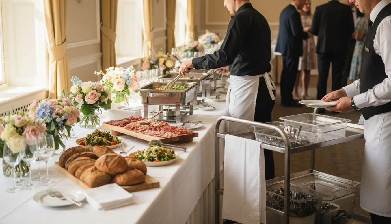 To tjenere anretter buffet og afrydder til en konfirmation i et lyst selskabslokale.