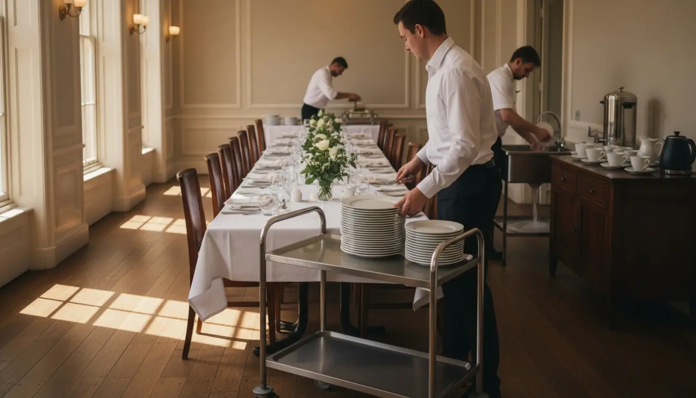 Serveringshjælp rydder af efter hovedretten ved en konfirmation, mens kaffe sættes frem på et sidebord.