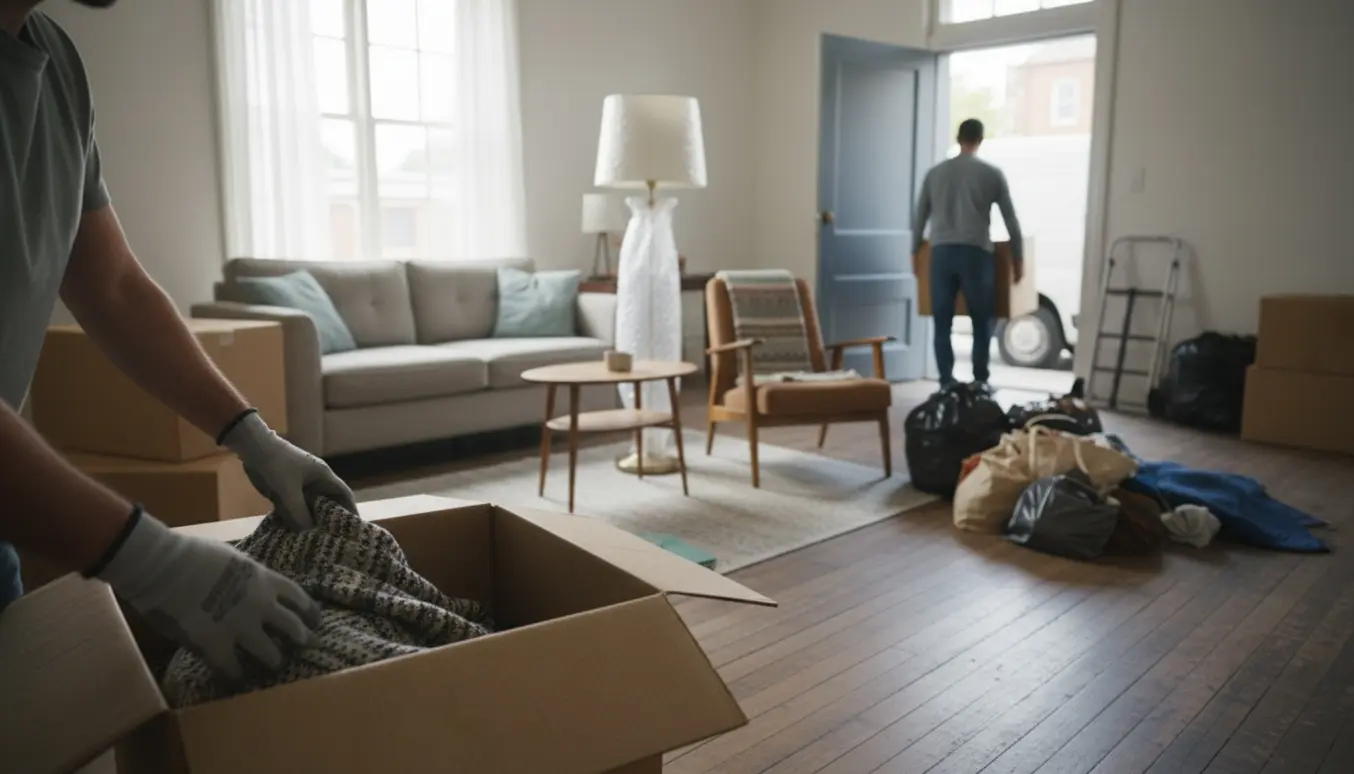 Hjælpere rydder en lejlighed med møbler, kasser og sække i et lyst rum.