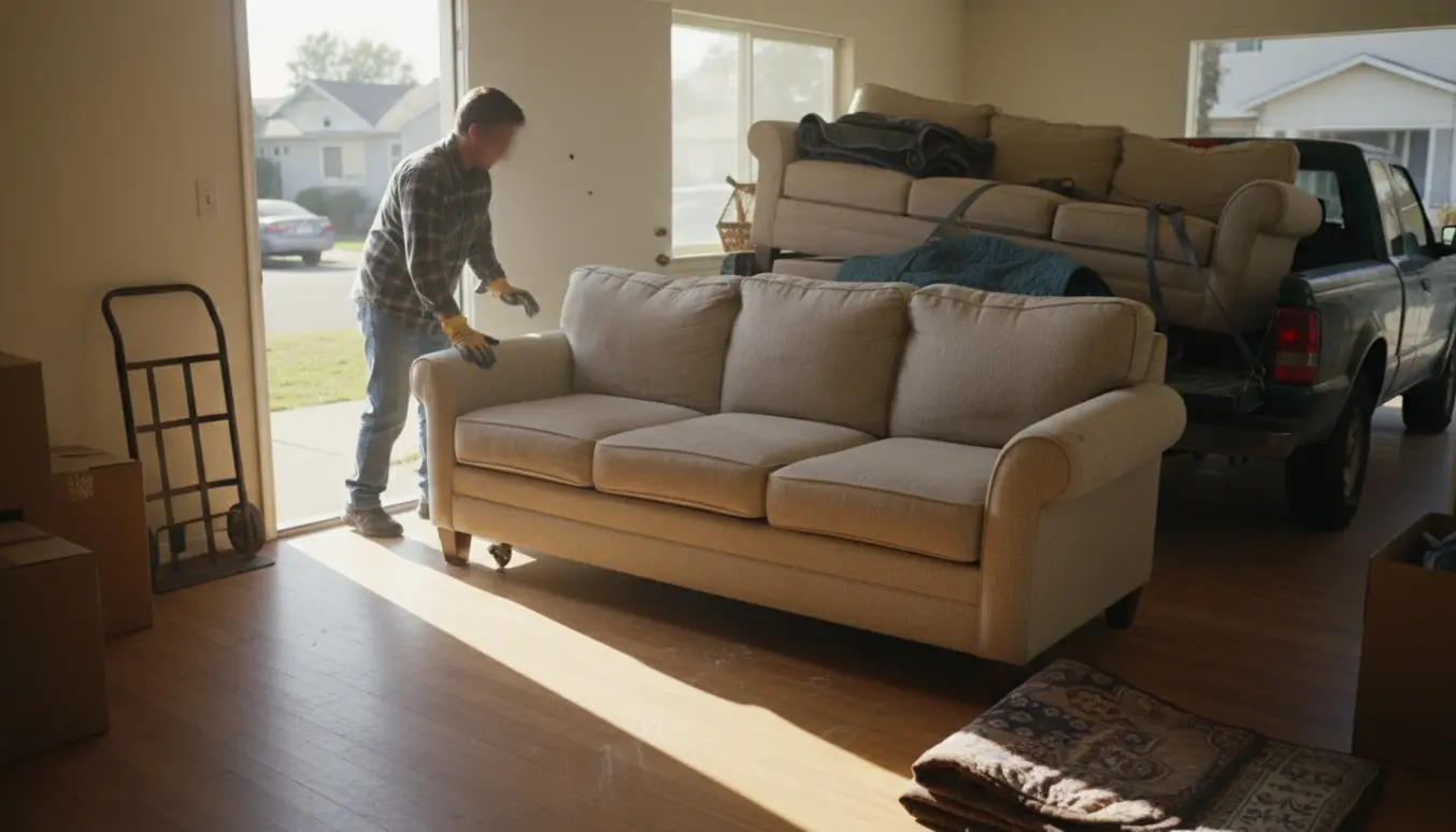 En tre-delt gammel sofa bæres ud af en lejlighed og læsses på en lille lastbil.