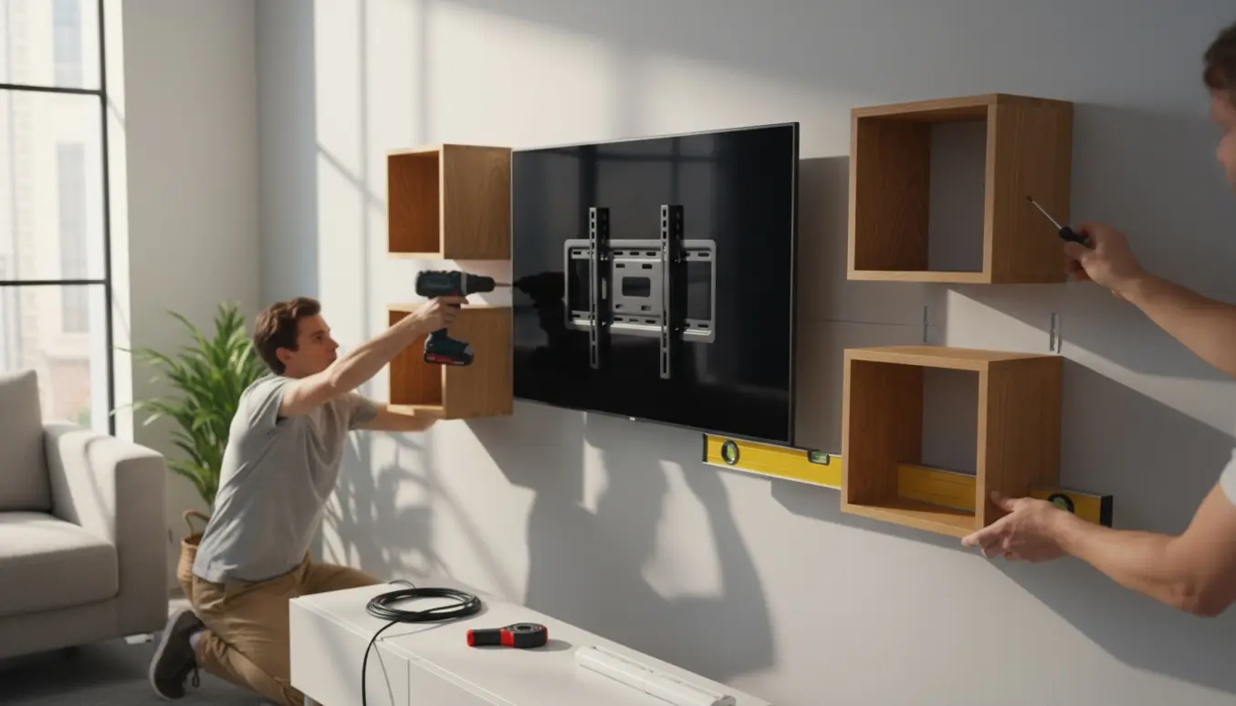 Hænder monterer et vægmonteret TV og justerer tre træ-bogkasser på en stuevæg.