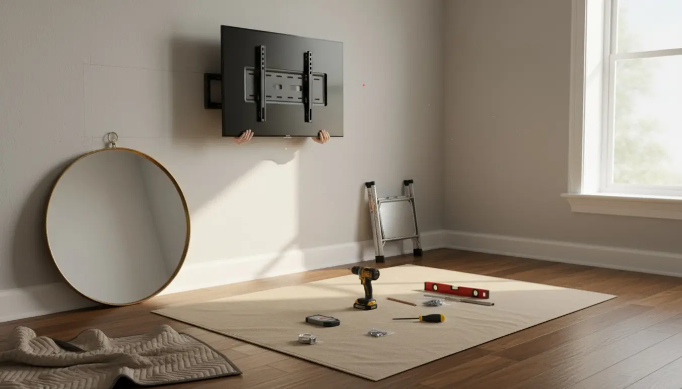 En person guider et TV på plads på et vægbeslag, mens et spejl og værktøj ligger klar i et lyst stuehjørne.