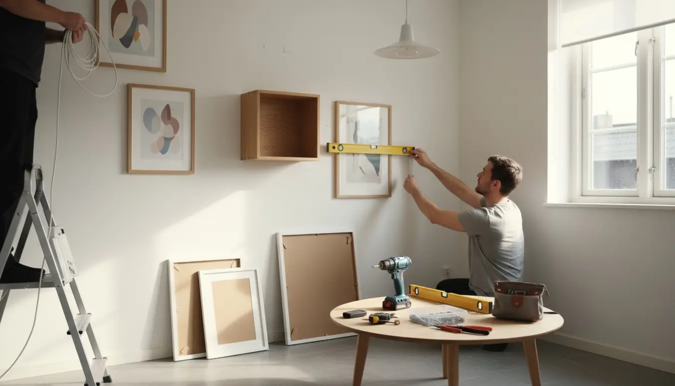 Hænder monterer en firkantet trækasse, forkorter en loftlampeledning, hænger rammer og monterer et rullegardin i et lyst rum.