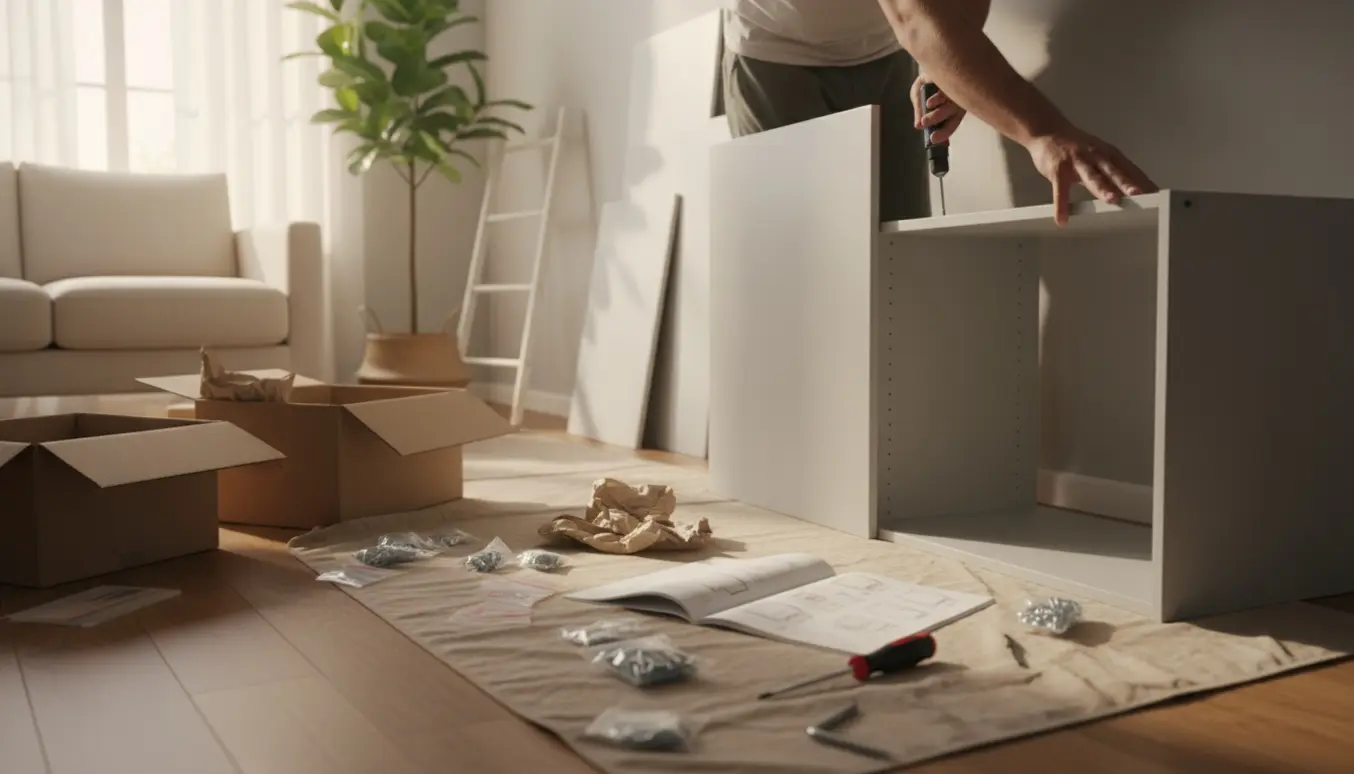 Hænder samler et fladtpakket tøjskab i en lys stue med værktøj og samlevejledning.