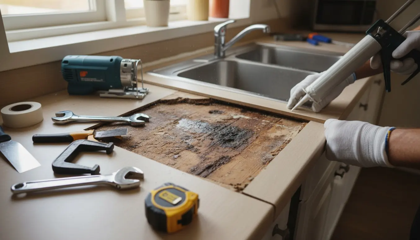 Håndværker udskifter vandskadet køkkenbordplade omkring vask med værktøj og frisk silikone.