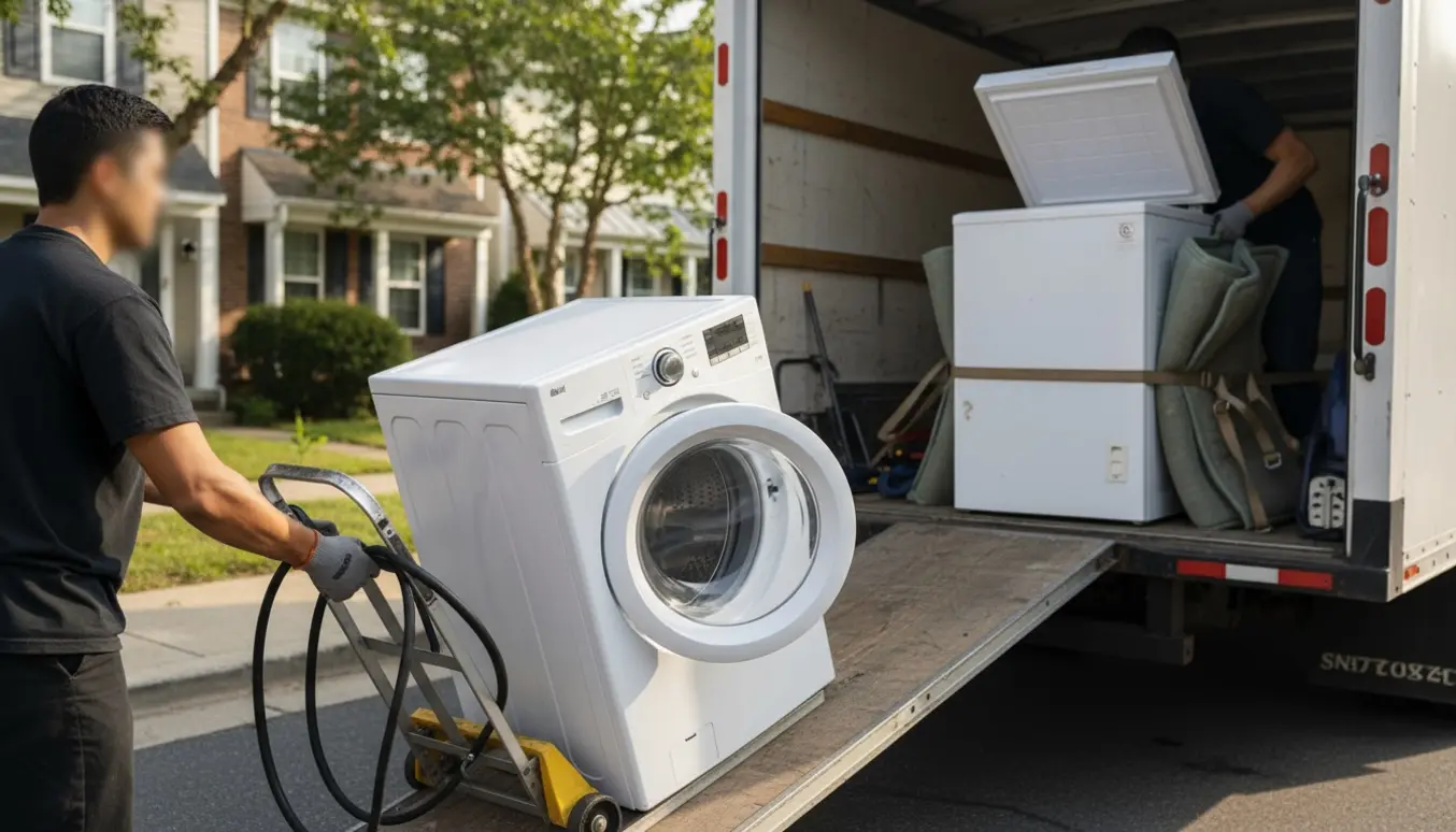 To personer læsser en defekt vaskemaskine og en skabsfryser ind i en varevogn ved fortovet med flyttetæpper og en tralle.