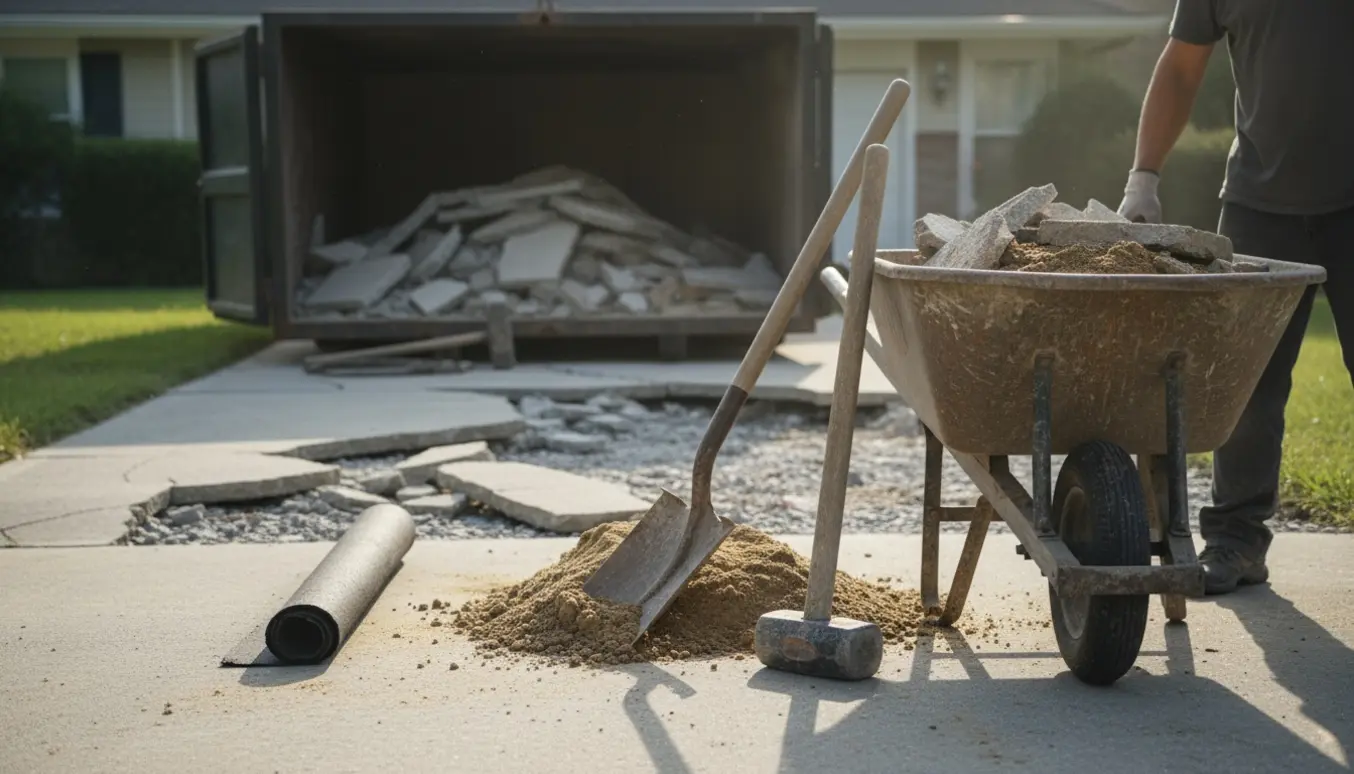 Trillebør med sand og knust beton ved en indkørsel klar til bortskaffelse.