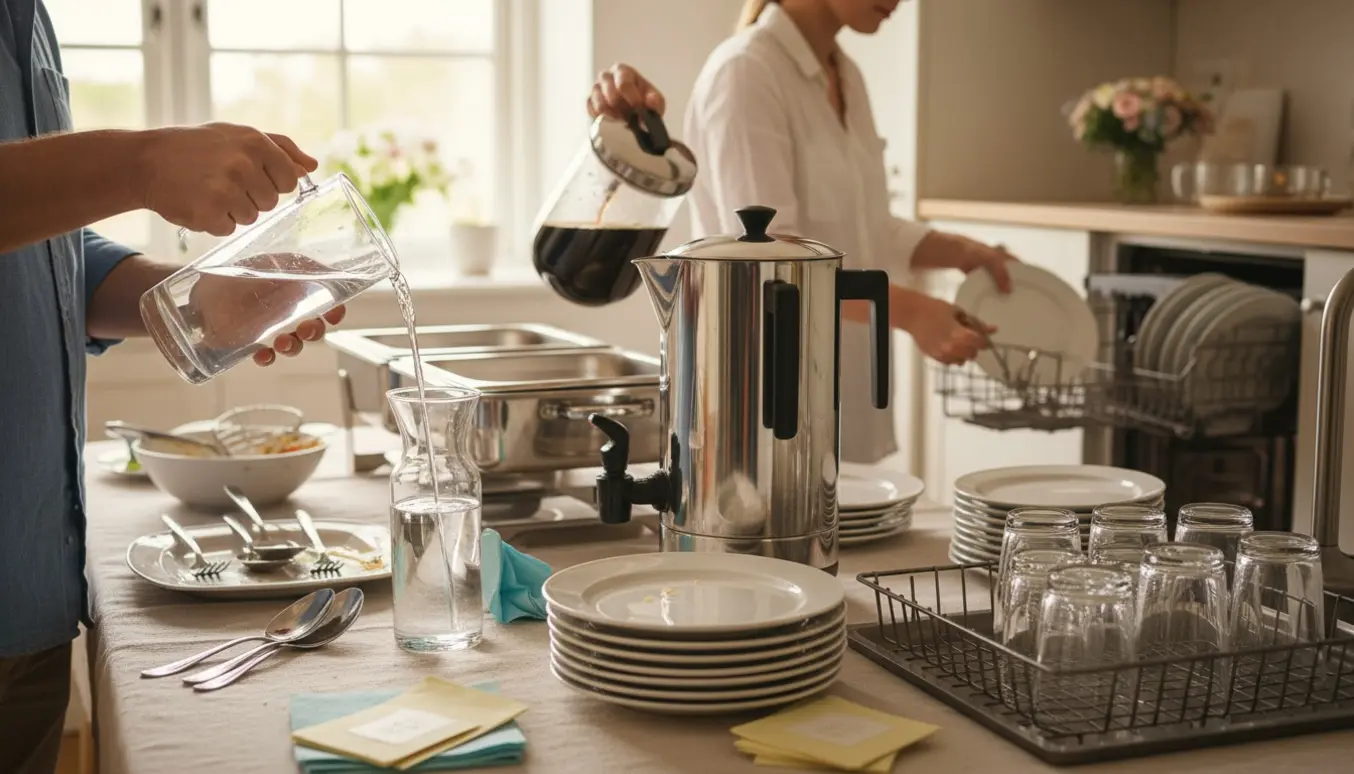Hænder fylder vand og kaffe op og lægger service i opvaskemaskinen efter en buffet ved en barnedåb.