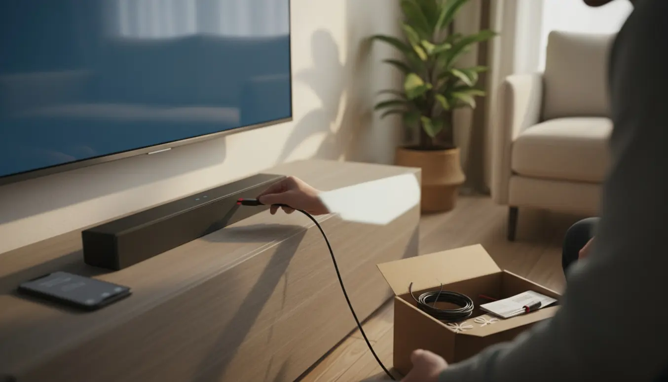 Hænder tilslutter en soundbox under et vægmonteret tv i en lys, moderne stue.