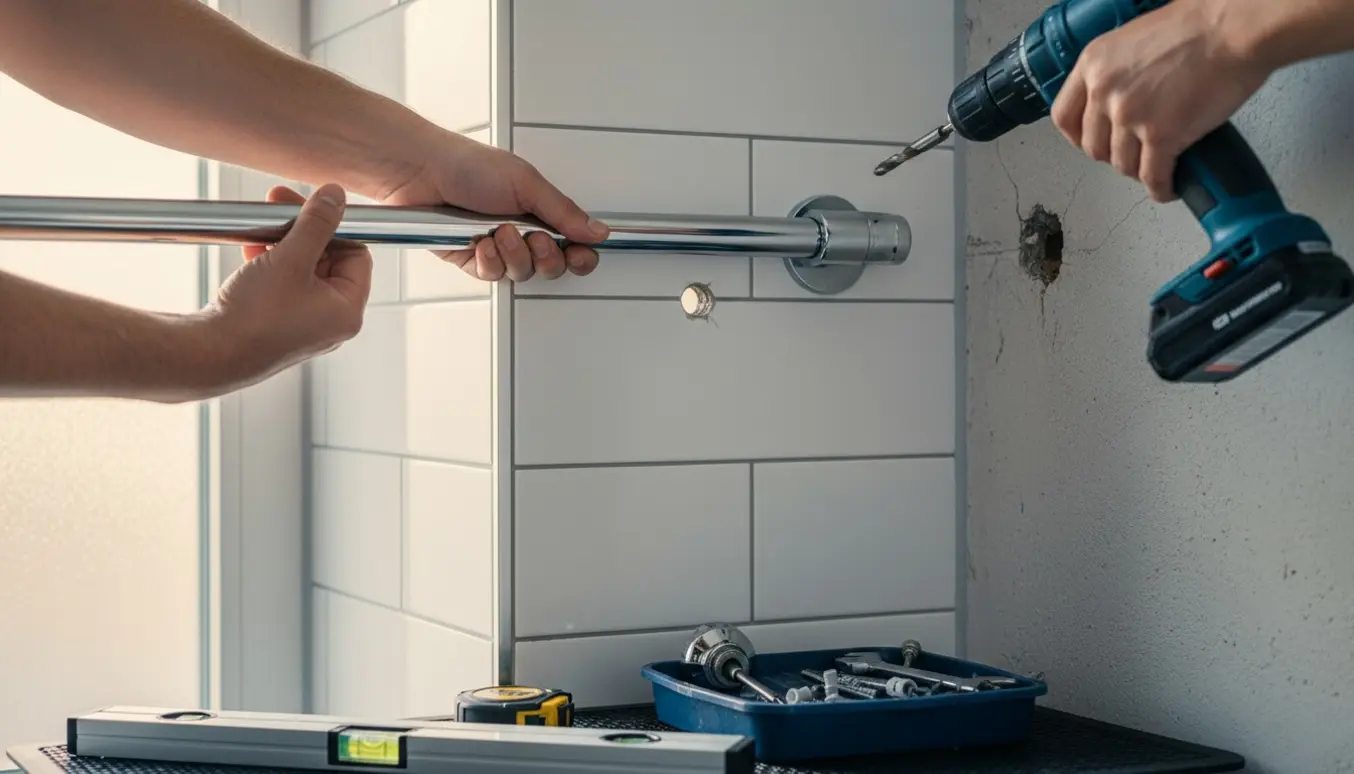 Nærbillede af hænder, der monterer en ny brusestang i et flisebadeværelse med boreudstyr og værktøj.