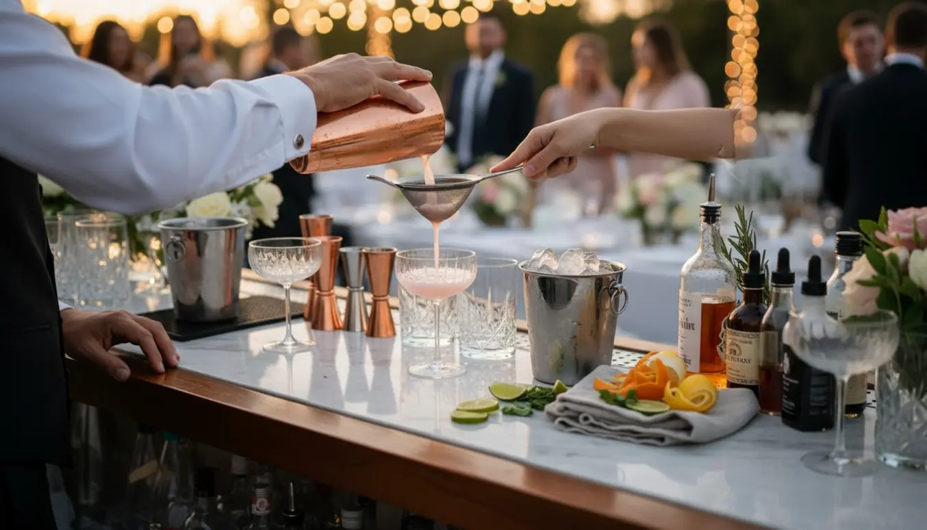 Bartenders hænder ryster en cocktail ved en elegant bryllupsbar med glas, citrus og blomster.