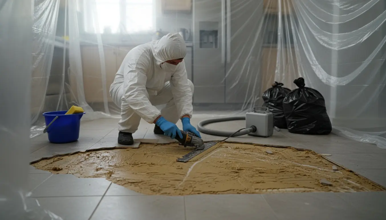 Person i beskyttelsesdragt fjerner asbestholdige køkkenfliser med værktøj under plastinddækning.