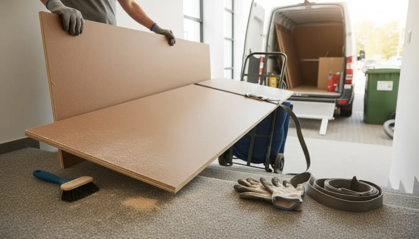 To personer bærer store MDF-plader ned ad en trappe mod en åben varebil til bortskaffelse.