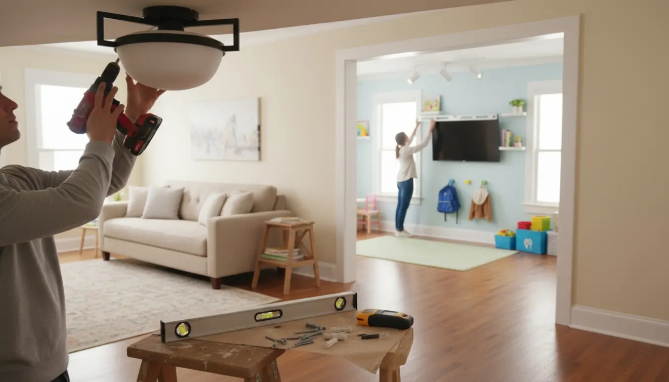 Håndværker monterer lampe i stuen med vægmonteret tv, skinne med tre spots, to hylder og tre knager i børneværelset.