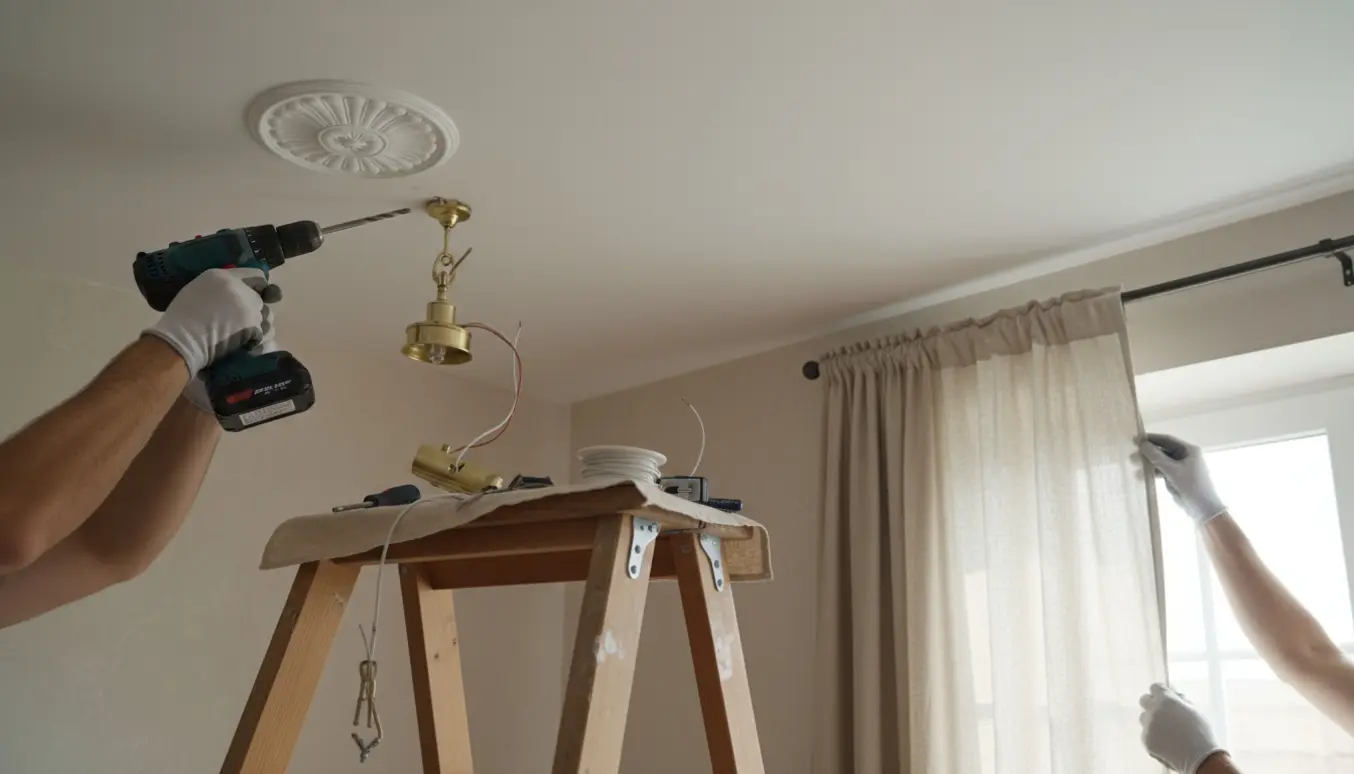 Hænder på en stige monterer en loftlampe og hænger gardiner i en lys stue.