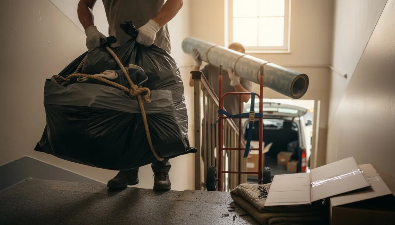 To personer bærer pakket affald og rullet linoleum ned ad en oplyst trappe mod en ventende varebil.