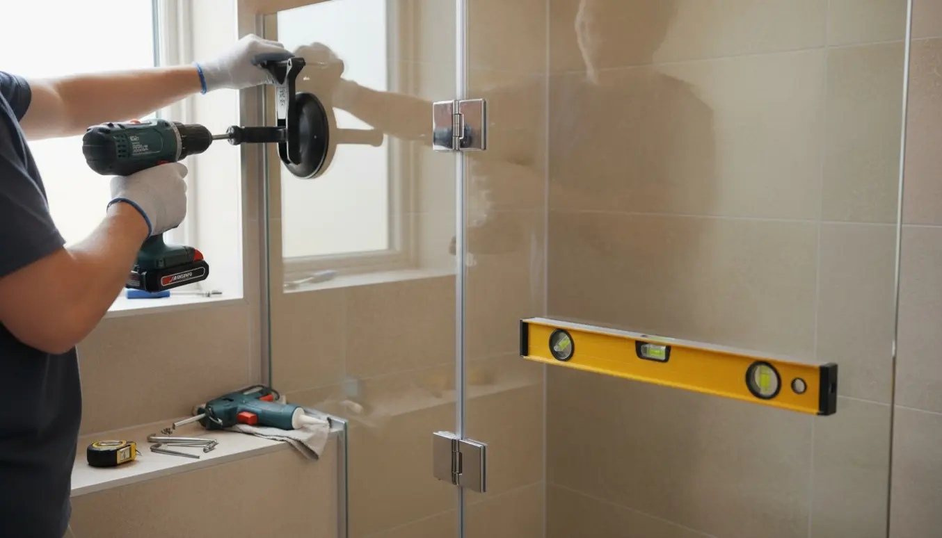 Hænder monterer en glasbrusedør i et moderne flisebadeværelse med værktøj og beslag synlige.