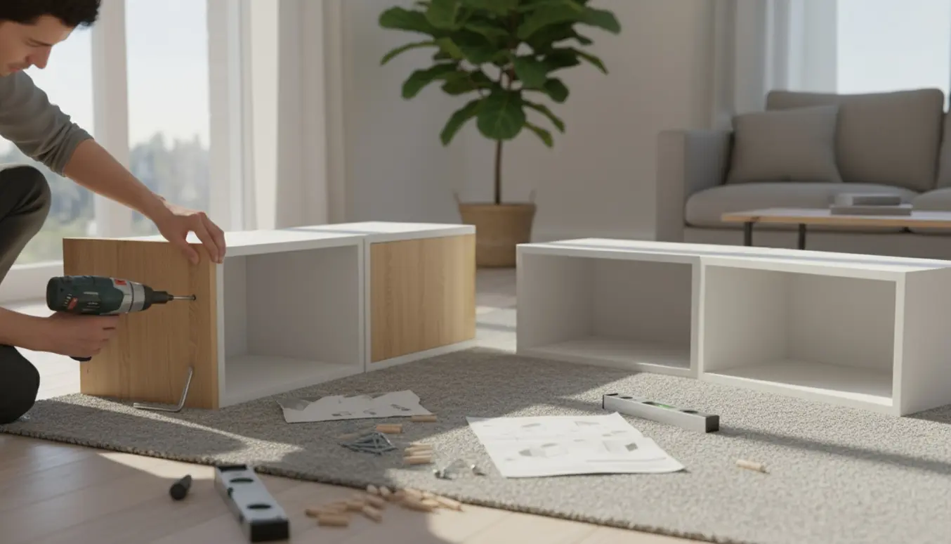 Håndværker samler et fire-delt tv-møbel i en lys, moderne stue.