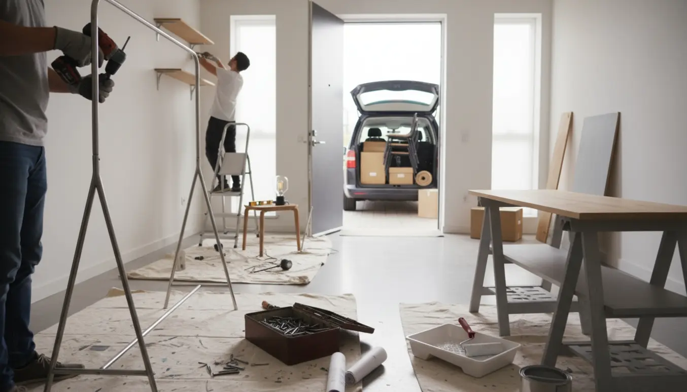 Lys lejlighed midt i gør-det-selv-arbejde med samling af møbler, maling, ophængning af hylder og læsning til genbrug.