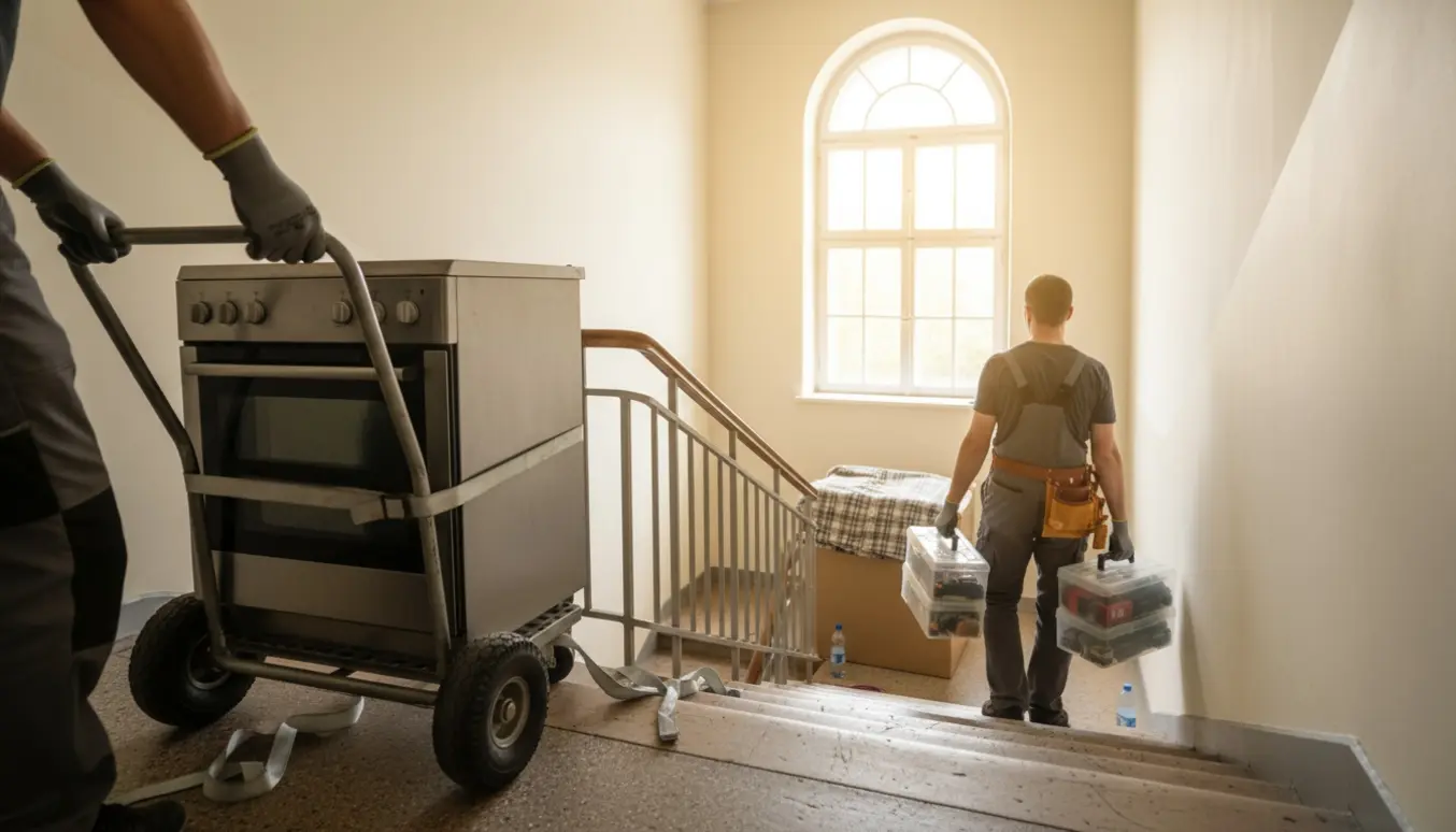 To personer bærer en 60x60 ovn og flere plastikkasser op ad en lys og bred trappeopgang.
