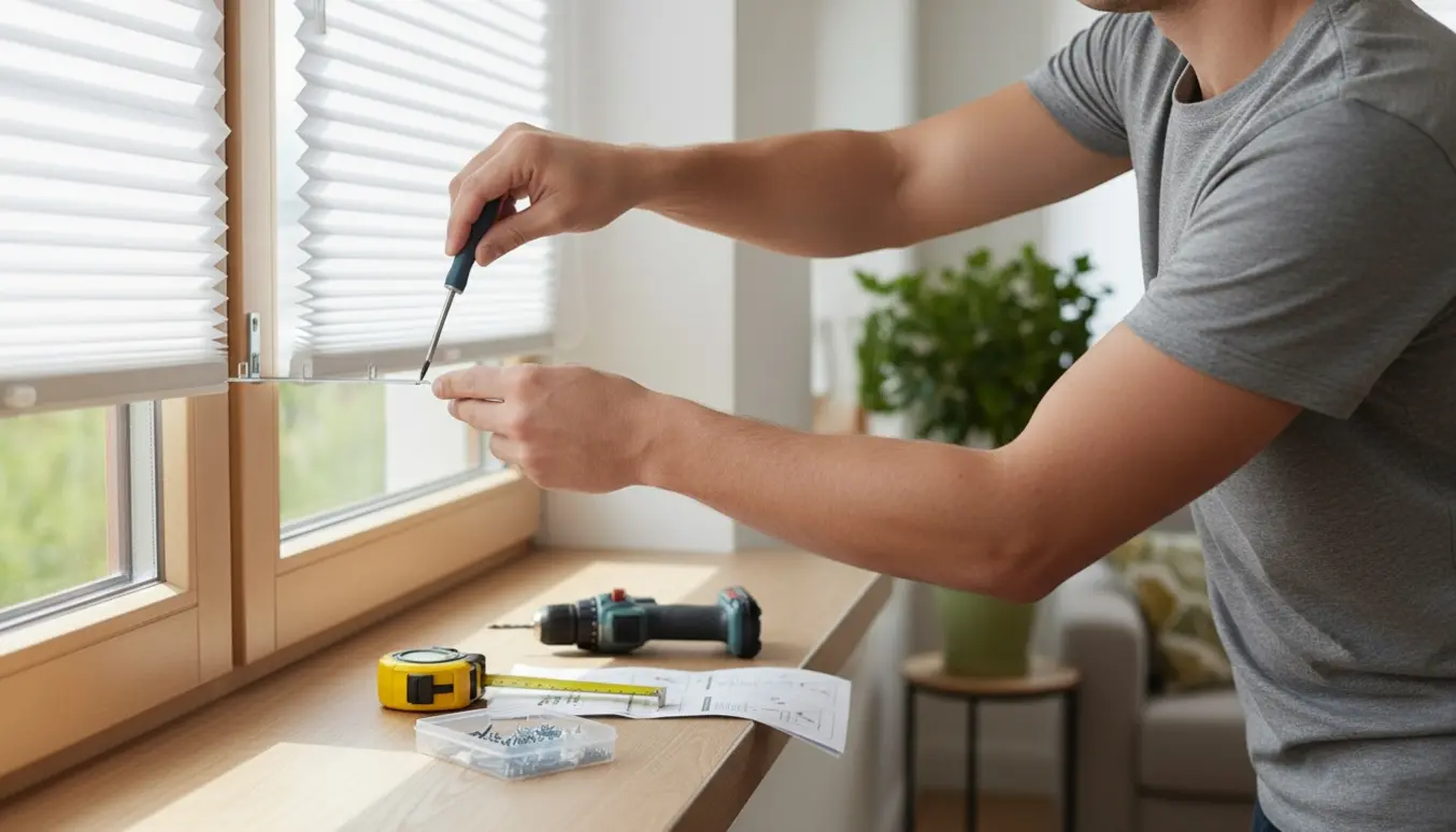 Nærbillede af hænder, der monterer et plisségardin i en vinduesramme med værktøj og naturligt dagslys.