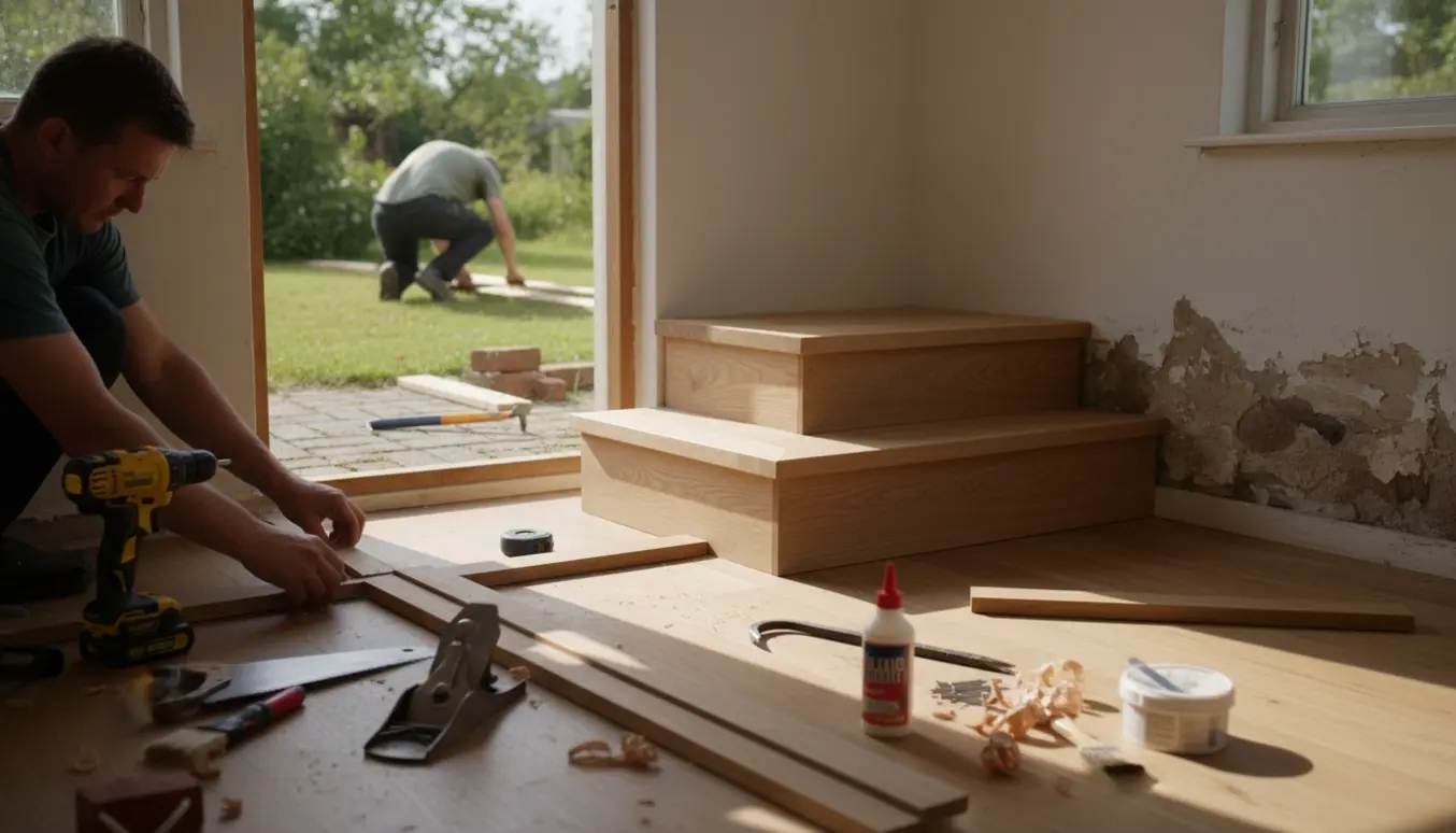 Håndværker monterer gulvlister og en lille trappe indendørs, set gennem døren mod udvendig reparation af husets bund.