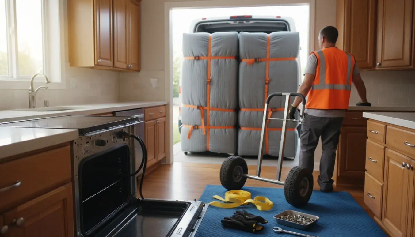 Arbejdere afmonterer et indbygget komfur og klargør et par køleskabe til bortskaffelse i et køkken.