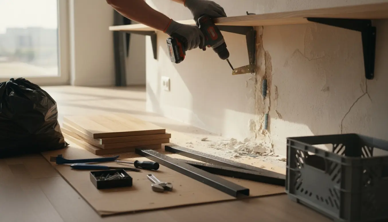 Afmontering af en vægmonteret reol i en lys stue med værktøj, hylder og affaldsposer klar til bortskaffelse.