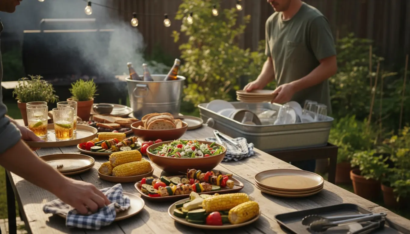 Hjælpere forbereder og serverer mad ved en havegrillfest med fade, grill og en opvaskestation.