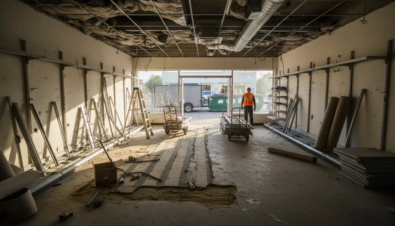 Butik under tømning med afmonterede vægstativer, afrevet tæppe, fjernede loftsplader og trailere udenfor.