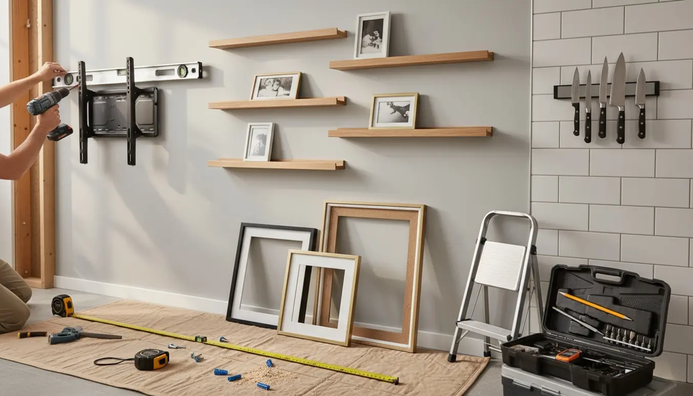 Væg under opsætning med billedhylder, rammer, TV-ophæng og en knivmagnet, med værktøj og hænder synlige.