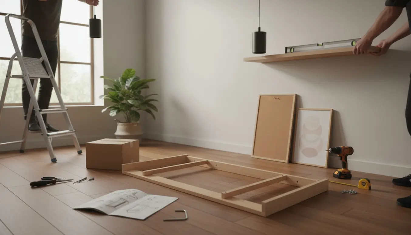 Moderne kontor under klargøring med en person på stige, hylder og et delvist samlet skrivebord og værktøj.