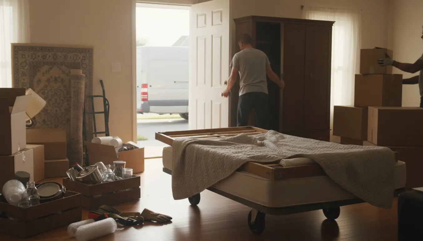 Flyttefolk tømmer et parcelhus for møbler og ejendele med pakkede kasser og flyttevogn i indkørslen.