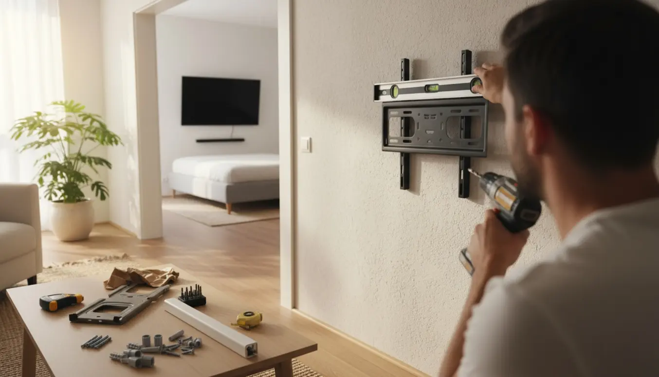 En tekniker monterer et TV i stuen med værktøj på bordet, mens et andet TV hænger i soveværelset i baggrunden.