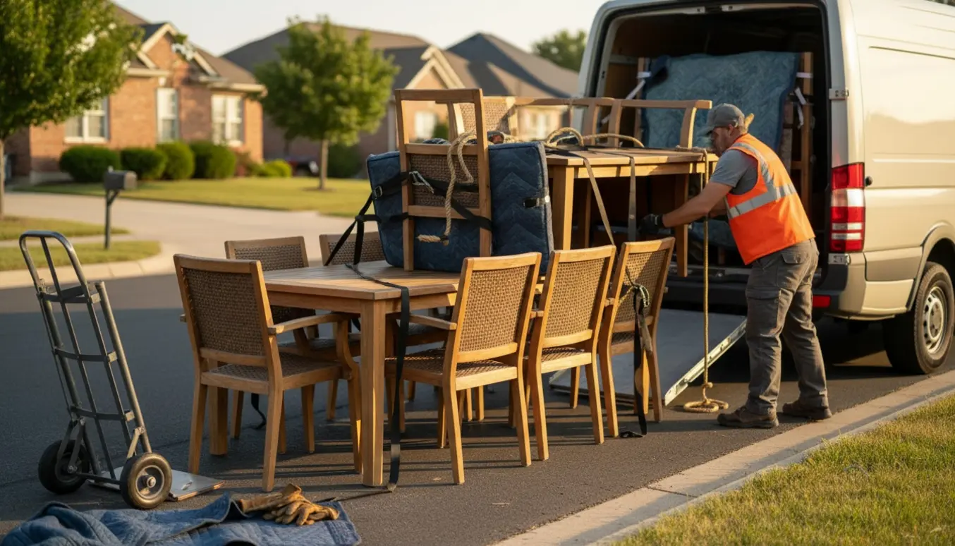 Lastning af et træ-havebord og seks stole i en varevogn på en stille forstadsgade.